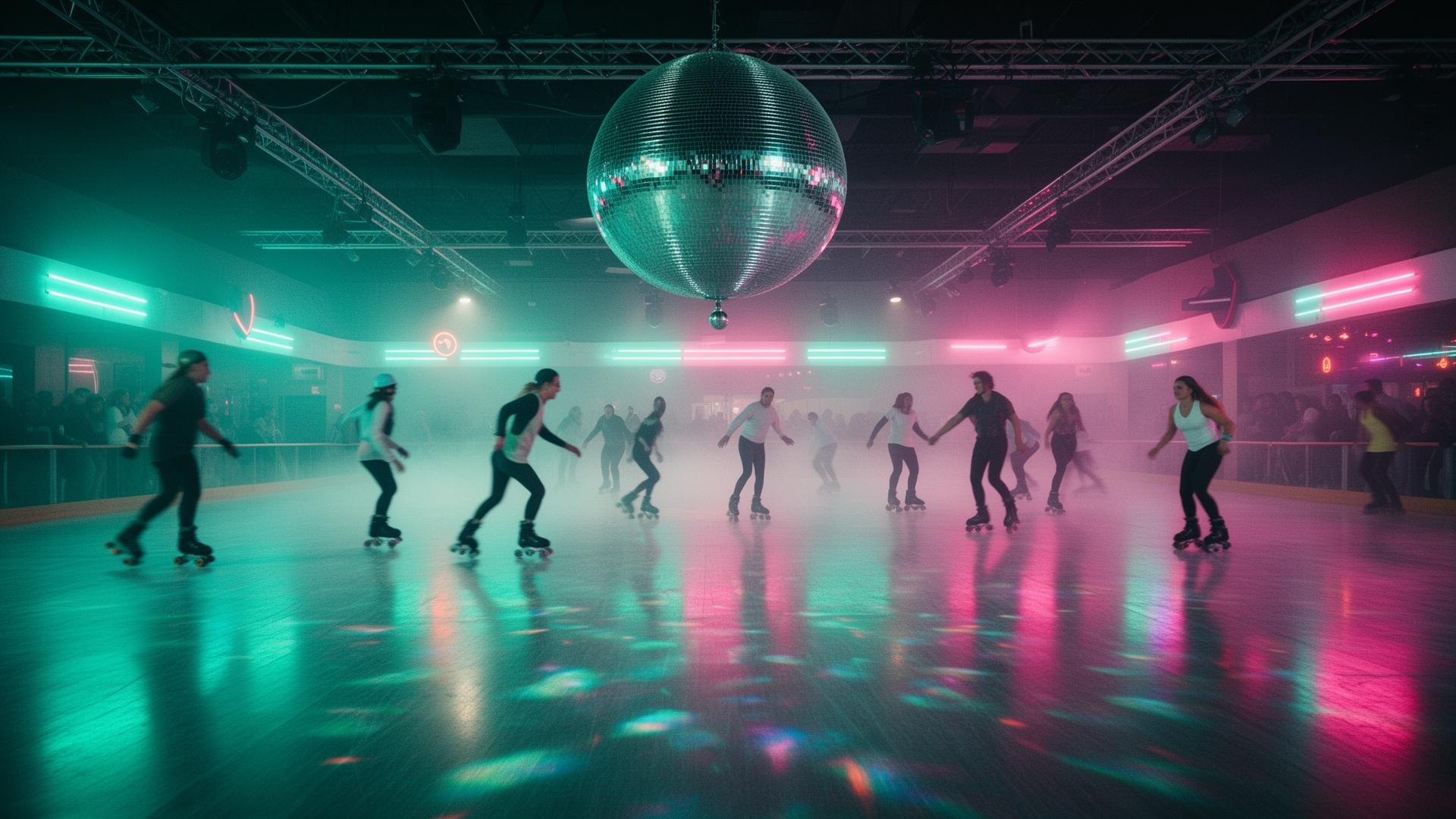 Skaters under disco lights at Da Rolly